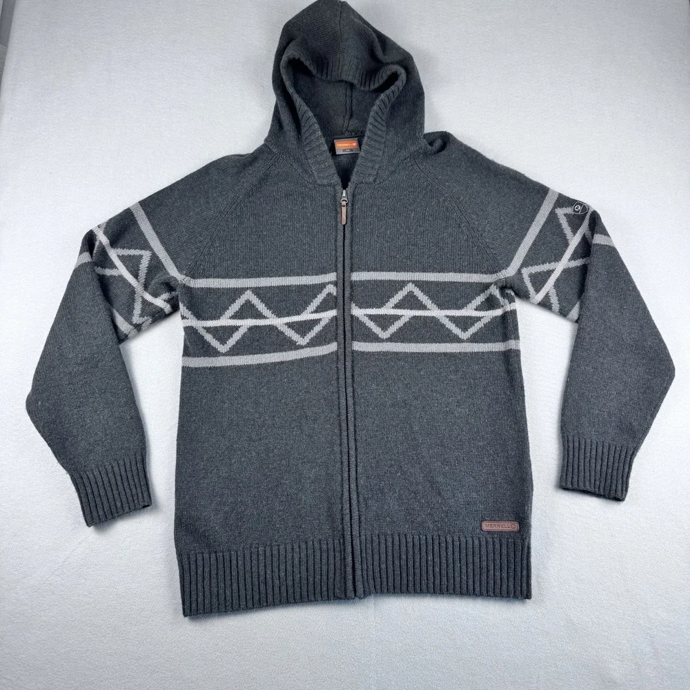 Merrell Wool Blend Hoodie Sweater Men L Gray Aztec Full-Zip Long Sleeve Fleece